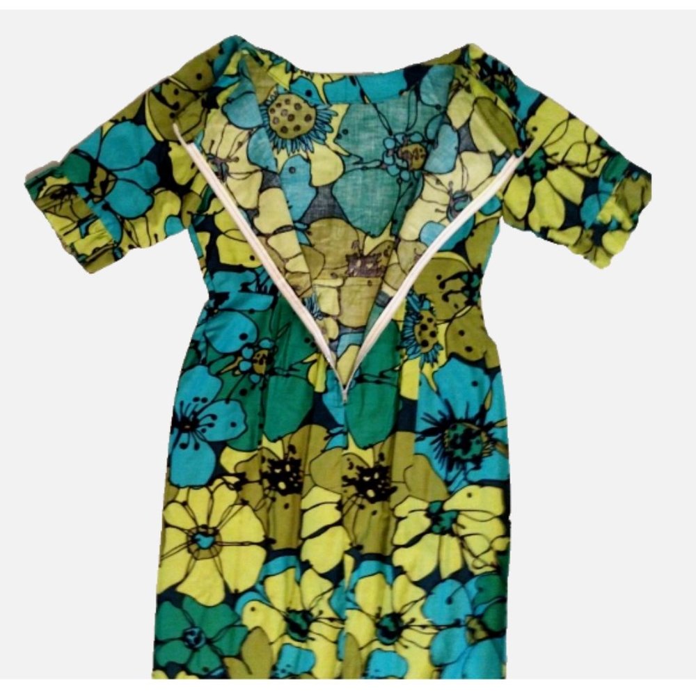 Vintage 60s 70s Handmade Maxi Dress Colorful Mod Flower Power Size M - Picture 5 of 11
